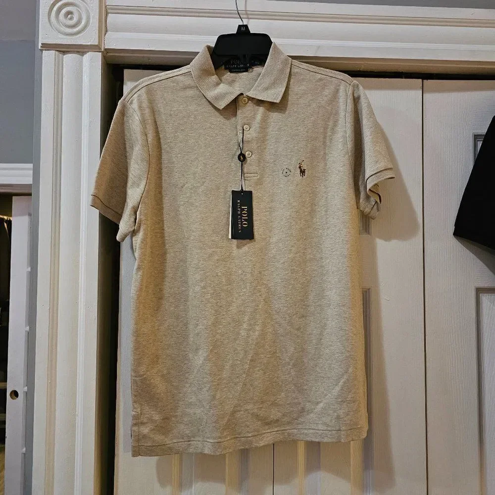 Ralph Lauren Men's Polo Dune Tan Custom Slim Fit Short Sleeves Shirt Size Medium